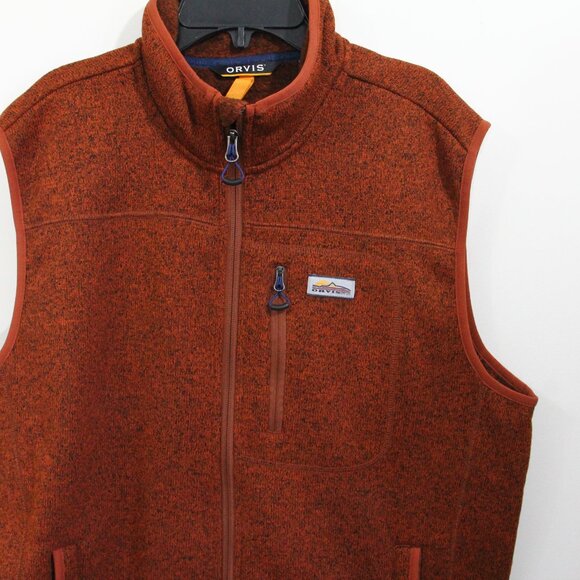 Orvis R65 Mens Sweater Fleece Vest Large Pockets zipper Orange - Picture 2 of 7